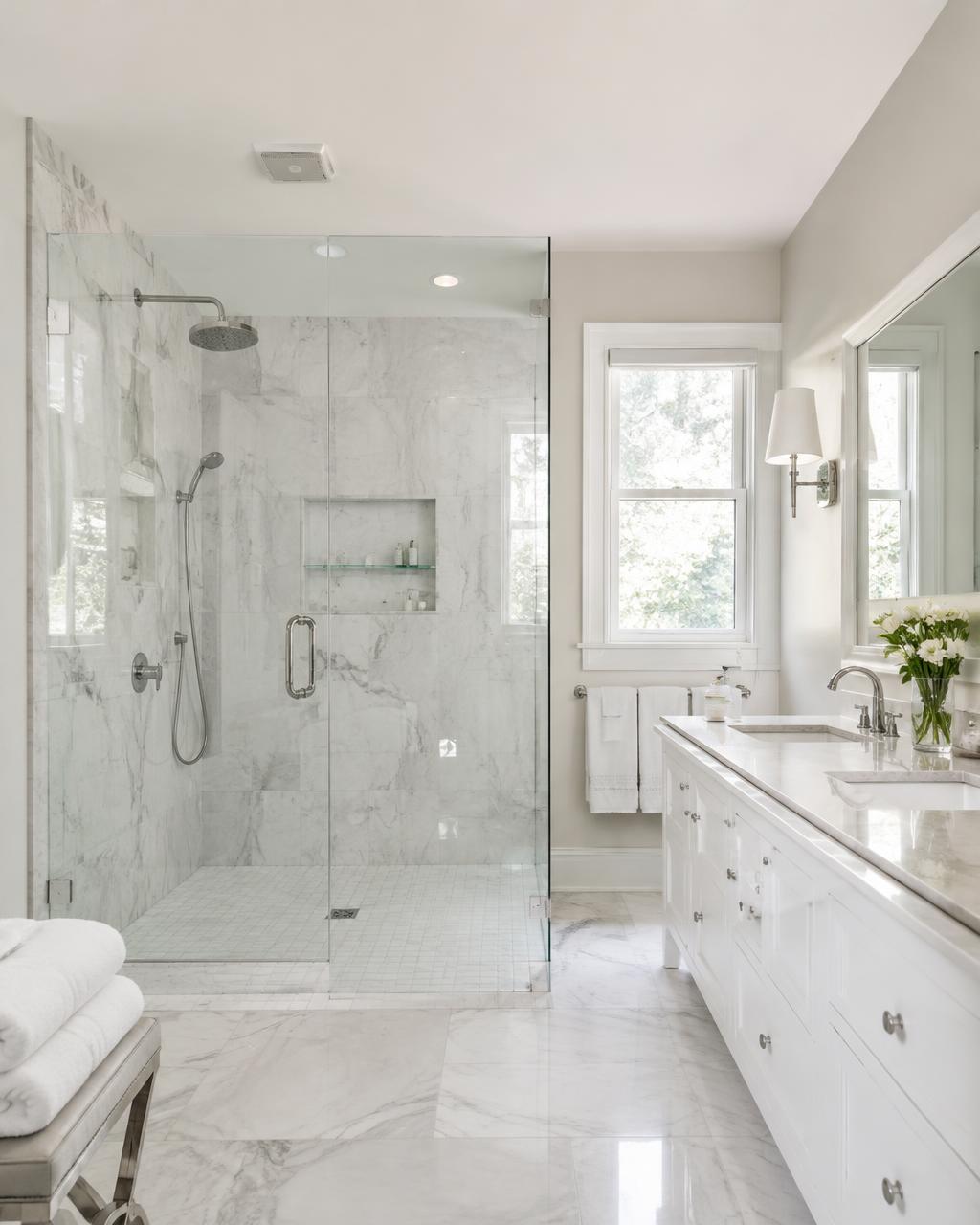 Clean marble bathroom with glass shower