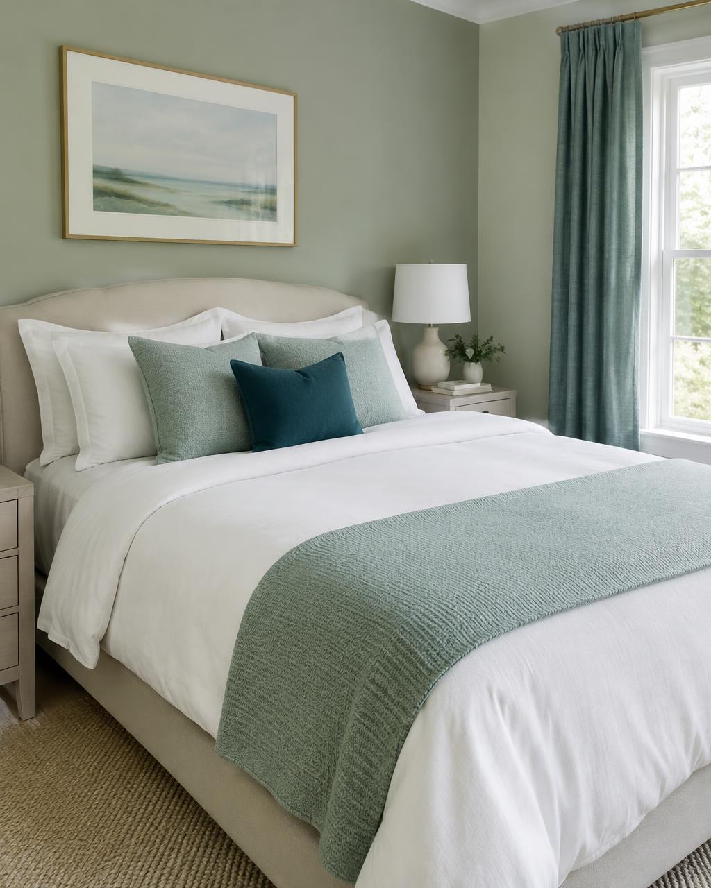Neatly made bedroom with crisp white linens