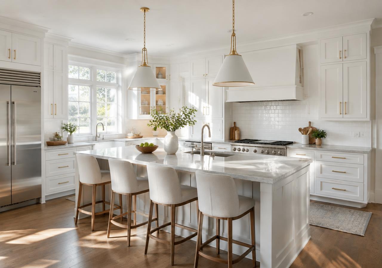 Bright, spotless white kitchen with marble island