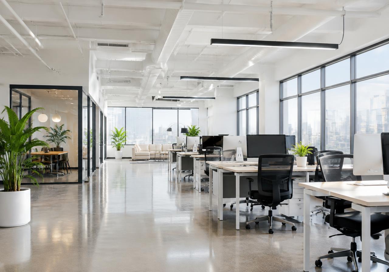 Clean open-plan office with polished floors